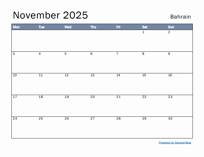 November 2025 Simple Monthly Calendar for Bahrain