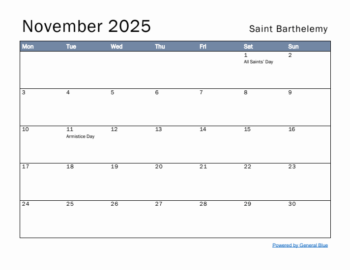 November 2025 Simple Monthly Calendar for Saint Barthelemy