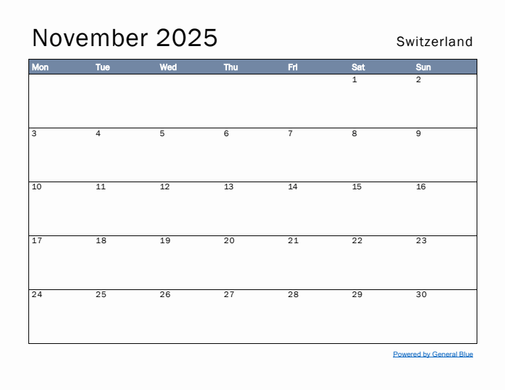 November 2025 Simple Monthly Calendar for Switzerland