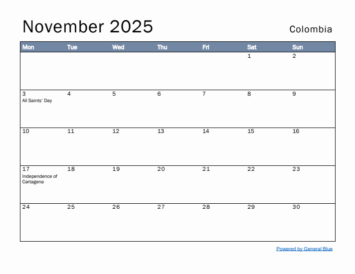 November 2025 Simple Monthly Calendar for Colombia