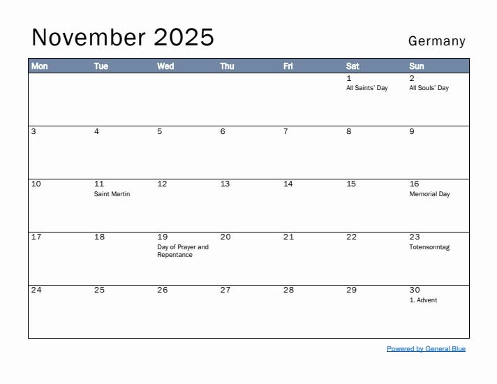 November 2025 Simple Monthly Calendar for Germany