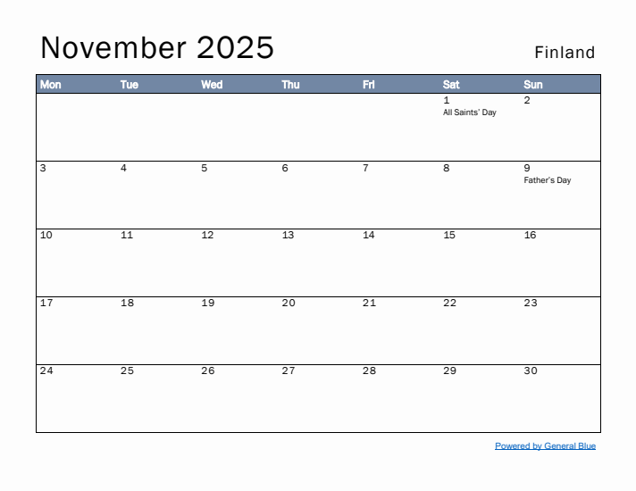 November 2025 Simple Monthly Calendar for Finland