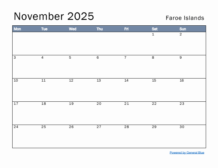 November 2025 Simple Monthly Calendar for Faroe Islands