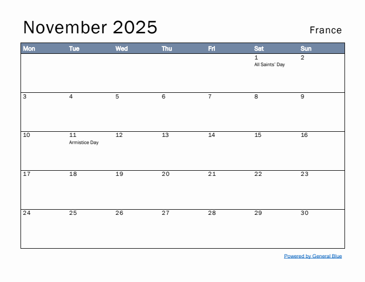 November 2025 Simple Monthly Calendar for France