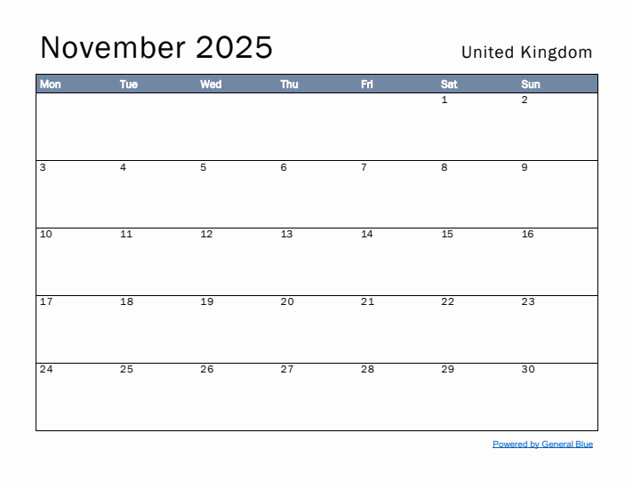 November 2025 Simple Monthly Calendar for United Kingdom