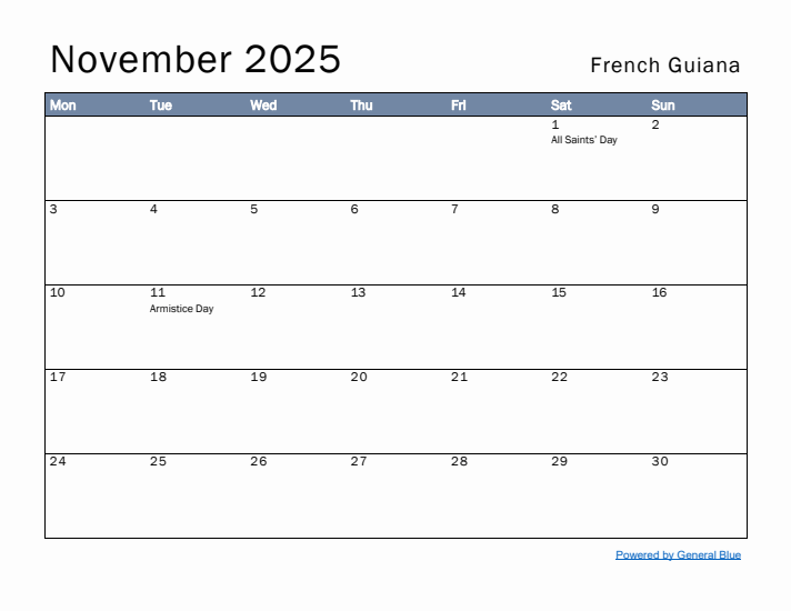 November 2025 Simple Monthly Calendar for French Guiana