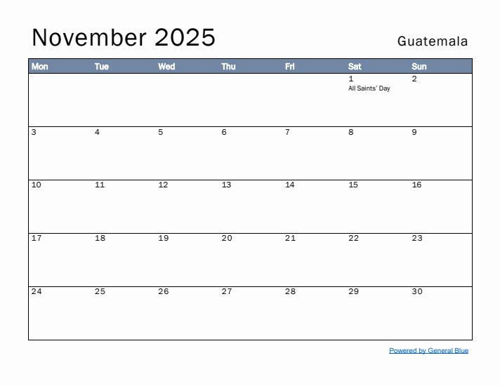 November 2025 Simple Monthly Calendar for Guatemala