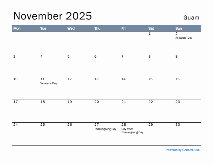 November 2025 Simple Monthly Calendar for Guam