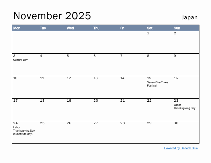 November 2025 Simple Monthly Calendar for Japan