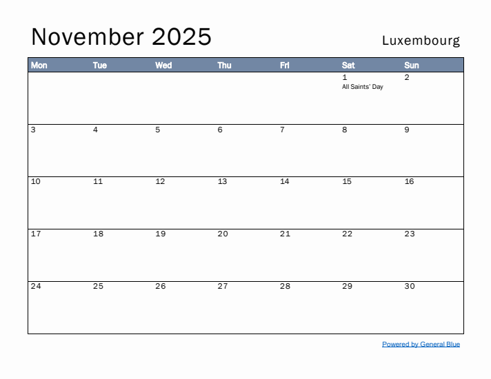 November 2025 Simple Monthly Calendar for Luxembourg