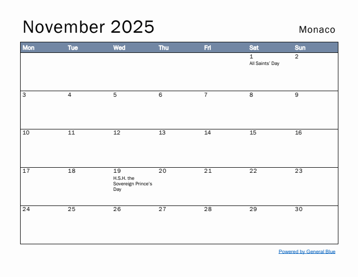 November 2025 Simple Monthly Calendar for Monaco