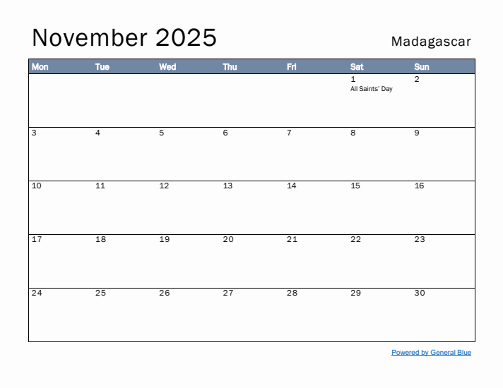 November 2025 Simple Monthly Calendar for Madagascar