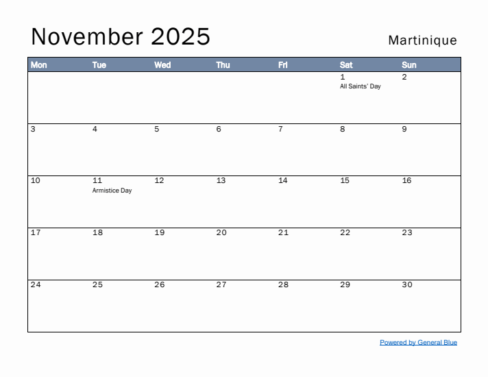 November 2025 Simple Monthly Calendar for Martinique