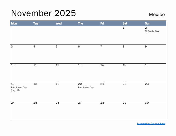 November 2025 Simple Monthly Calendar for Mexico