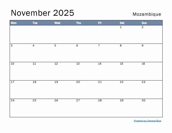 November 2025 Simple Monthly Calendar for Mozambique