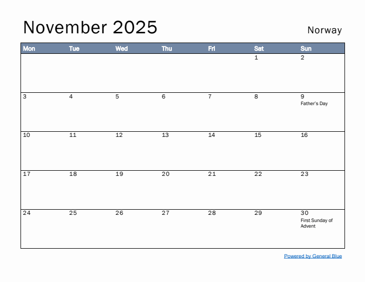 November 2025 Simple Monthly Calendar for Norway