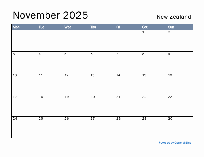 November 2025 Simple Monthly Calendar for New Zealand