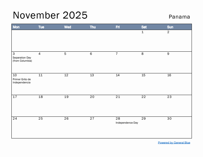 November 2025 Simple Monthly Calendar for Panama