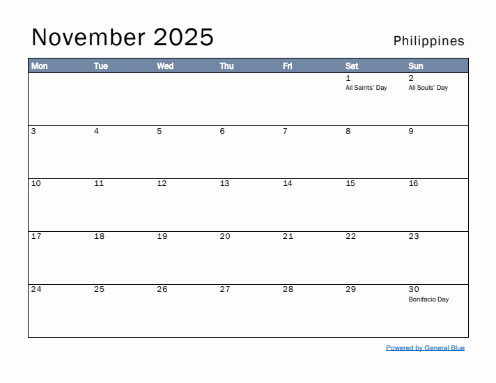 November 2025 Simple Monthly Calendar for Philippines