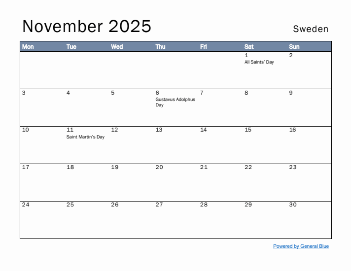 November 2025 Simple Monthly Calendar for Sweden