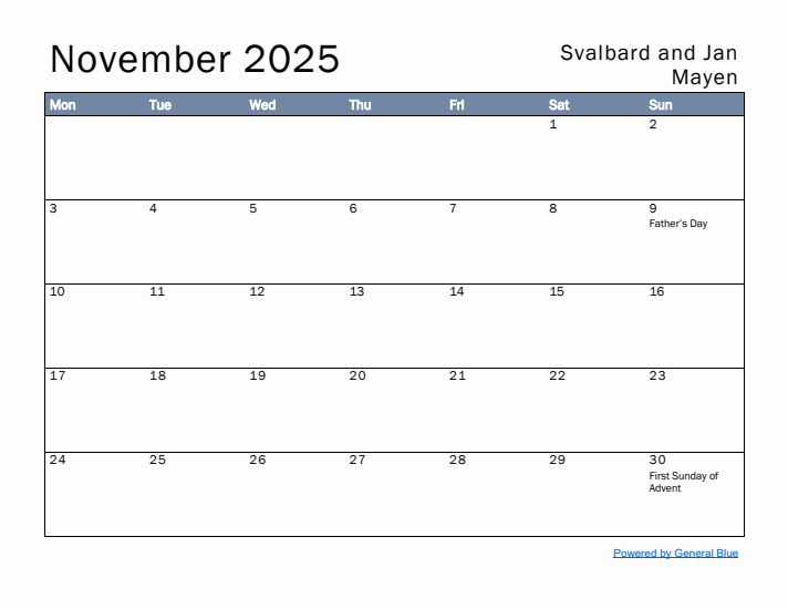 November 2025 Simple Monthly Calendar for Svalbard and Jan Mayen