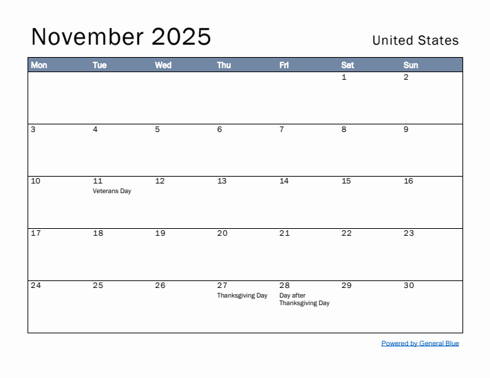 November 2025 Simple Monthly Calendar for United States