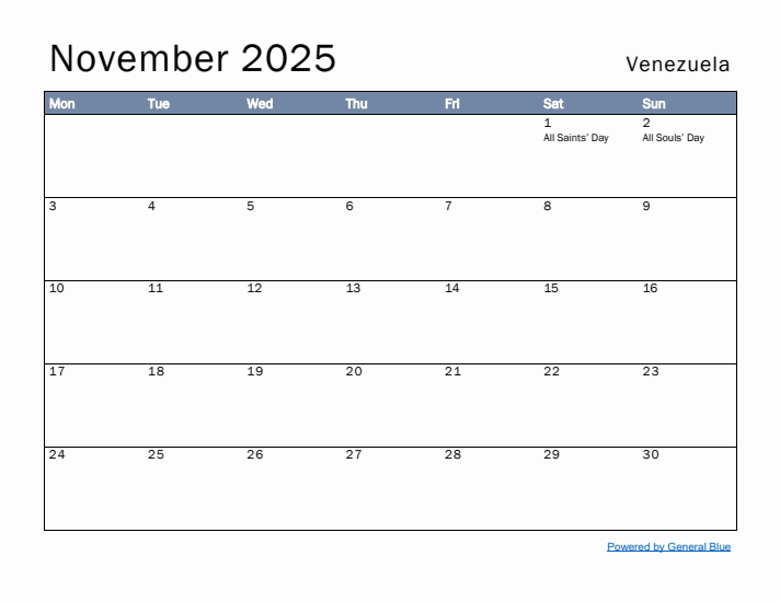 November 2025 Simple Monthly Calendar for Venezuela