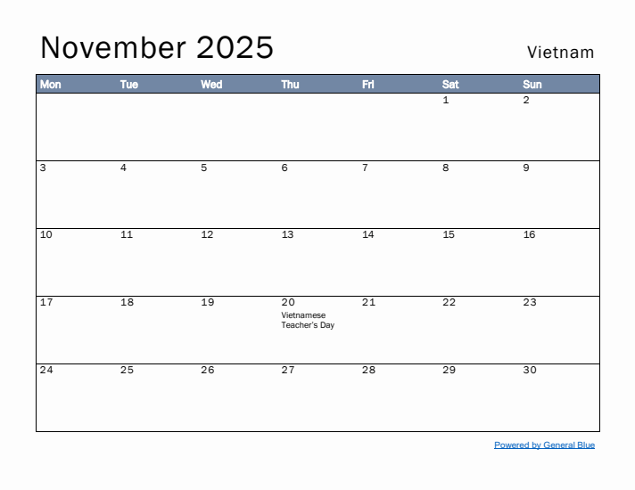 November 2025 Simple Monthly Calendar for Vietnam