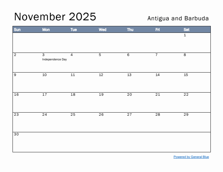 November 2025 Simple Monthly Calendar for Antigua and Barbuda