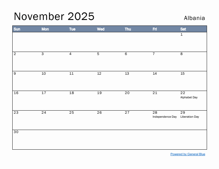 November 2025 Simple Monthly Calendar for Albania