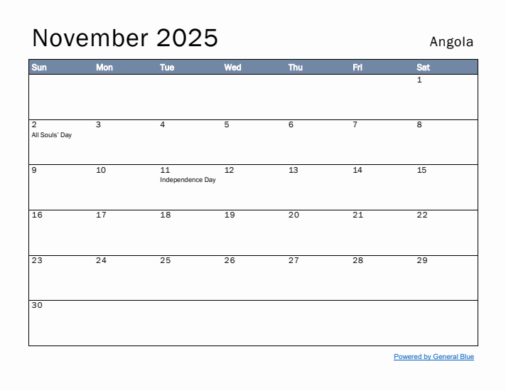 November 2025 Simple Monthly Calendar for Angola