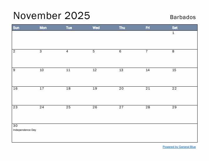 November 2025 Simple Monthly Calendar for Barbados