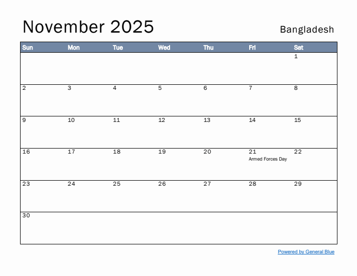 November 2025 Simple Monthly Calendar for Bangladesh