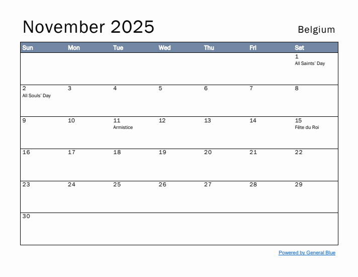 November 2025 Simple Monthly Calendar for Belgium