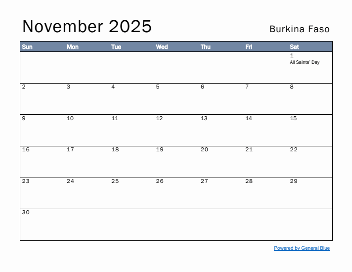 November 2025 Simple Monthly Calendar for Burkina Faso