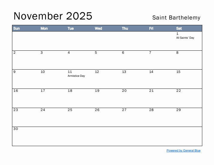 November 2025 Simple Monthly Calendar for Saint Barthelemy