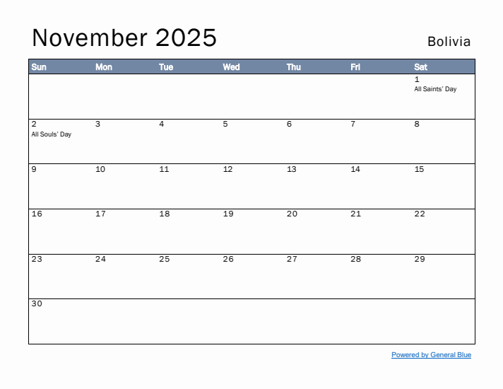 November 2025 Simple Monthly Calendar for Bolivia