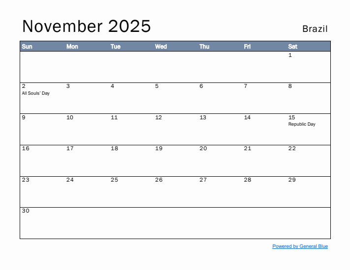 November 2025 Simple Monthly Calendar for Brazil