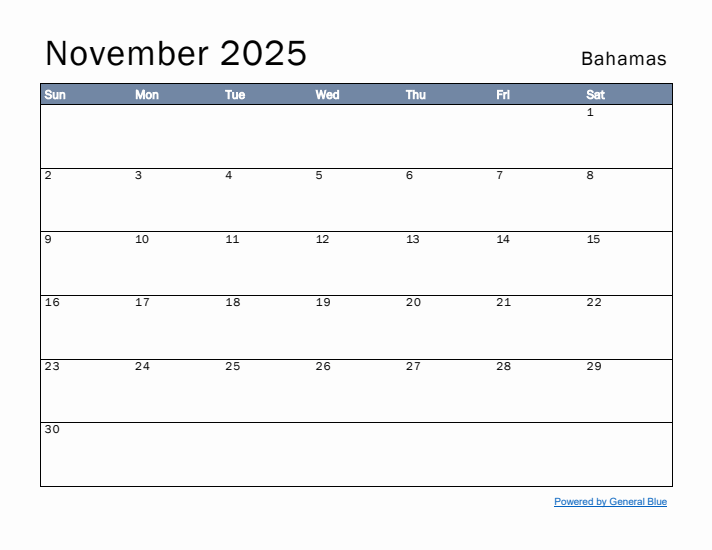 November 2025 Simple Monthly Calendar for Bahamas