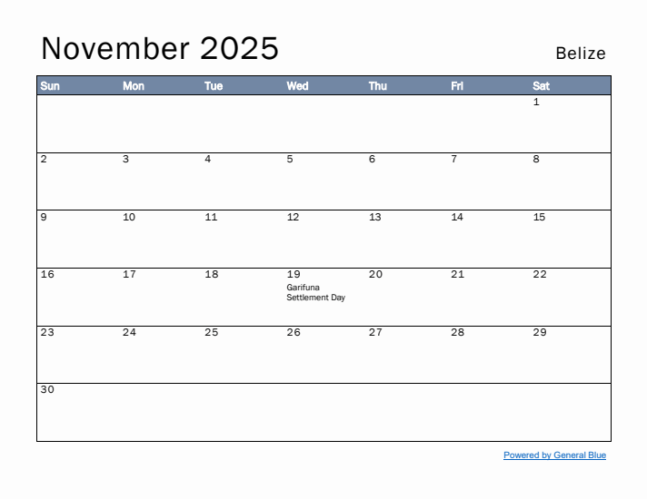 November 2025 Simple Monthly Calendar for Belize