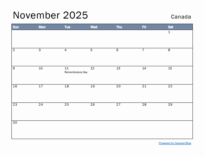 November 2025 Simple Monthly Calendar for Canada