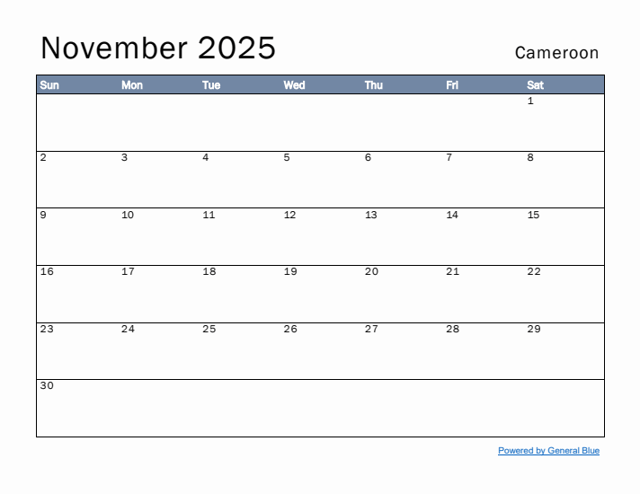 November 2025 Simple Monthly Calendar for Cameroon