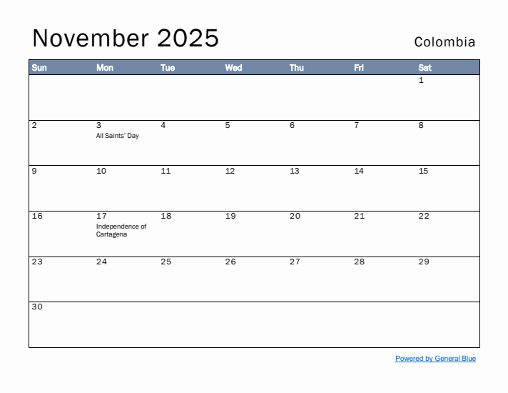 November 2025 Simple Monthly Calendar for Colombia