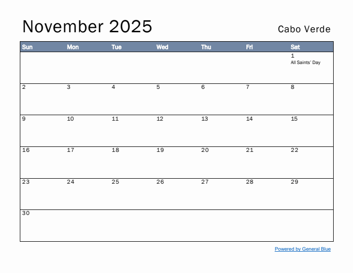 November 2025 Simple Monthly Calendar for Cabo Verde