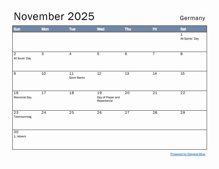 November 2025 Simple Monthly Calendar for Germany