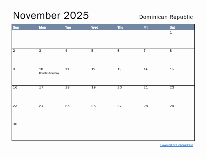 November 2025 Simple Monthly Calendar for Dominican Republic