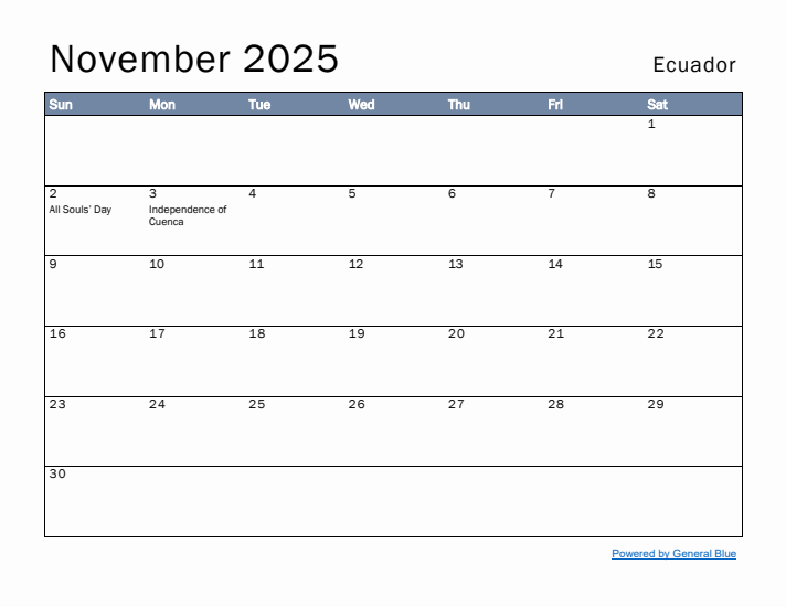 November 2025 Simple Monthly Calendar for Ecuador