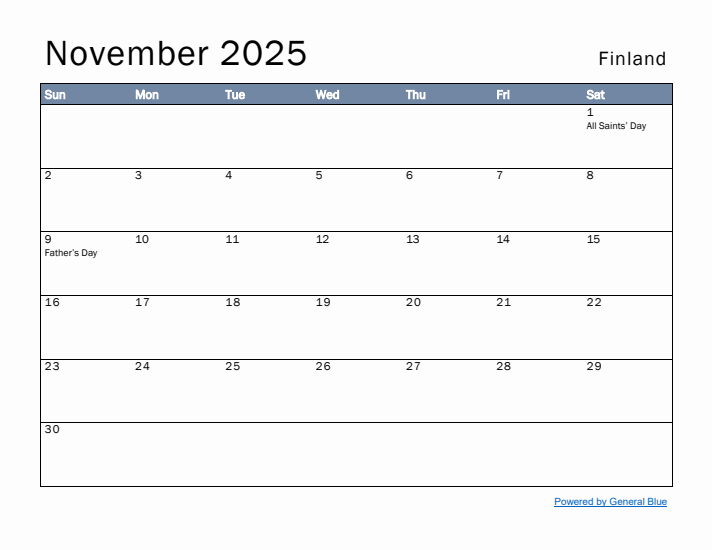 November 2025 Simple Monthly Calendar for Finland