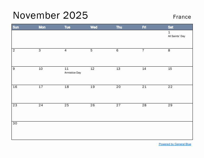 November 2025 Simple Monthly Calendar for France