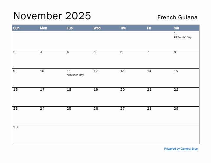 November 2025 Simple Monthly Calendar for French Guiana